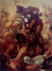 Guerrero Mochica - Pintor Wilo Vargas Morales>
<p>
<span >
El tema de esta contribuci&oacute;n es la contradicci&oacute;n entre la interpretaci&oacute;n que 
Moche fue un estado que extendi&oacute; su dominio por fuerza de armas y la evidencia 
que la guerra Mochica tuvo una naturaleza ritual. Proponemos aqui que podemos 
resolver la contradicci&oacute;n si cambiamos nuestra imagen de la guerra andina.</I>
</P>
Expansi&oacute;n y batalla ritual<p>
La interpretaci&oacute;n de Moche como estado expansionista es bien durable. Los 
arque&oacute;logos del Proyecto del Valle de Vir&uacute; estableci&eacute;ron una secuencia cultural 
en 1946 en que los Moche se desarrollaron sobre una ocupaci&oacute;n Gallinazo bien 
desarrollada. Seg&uacute;n sus interpretaciones, sintetizado especialmente por Gordon 
Willey (1953), el Valle podr&iacute;a ha sido unificado pol&iacute;ticamente durante la 
ocupaci&oacute;n Gallinazo con un asentimiento principal en el "Grupo Gallinazo". En la 
garganta del valle encontraron lo que llamaban ellos "Castillos": pir&aacute;mides de 
adobes encerrados con murallas y trincheras; los Castillos fueron interpretados 
como fortificaciones puestas estrat&eacute;gicamente para proteger el valle bajo y 
asimismo como sedes administrativas del &eacute;lite.
</P>
<p>
La Cultura Moche sucedi&oacute; a la Cultura Gallinazo en el valle de Vir&uacute; y el 
c&aacute;racter de la sucesi&oacute;n sugiri&oacute; que la ocupaci&oacute;n Moche result&oacute; de una invasi&oacute;n 
militar. Pues, mientras que Rafael Larco Hoyle (1946: 162; 1948) hab&iacute;a mostrado 
que Moche desarrollaba durante cinco fases en los valles de Moche y Chicama, en 
Vir&uacute; la ocupaci&oacute;n Moche comenz&oacute; bruscamente en Fase III.
<br>
Adem&aacute;s, los Moche estableci&eacute;ron un nuevo asentimiento en Huancaco con pir&aacute;mides 
y patios recordando los de las Huacas del Sol y de la Luna en el Valle de Moche.
</P>
<hr>
<img class=